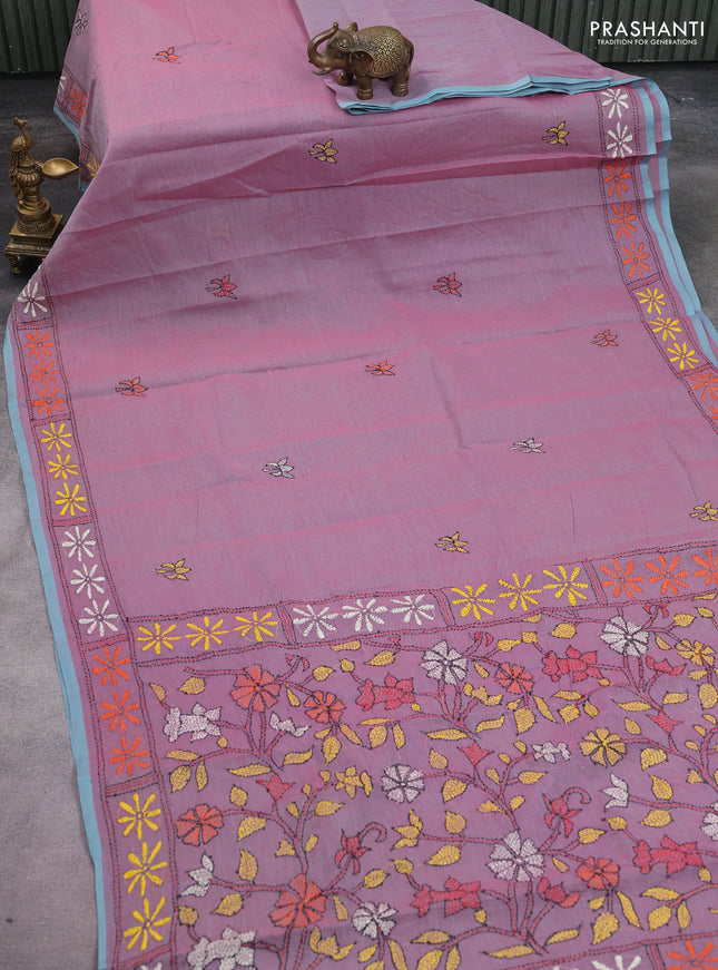 Cotton saree pink and teal green with kantha stitch work and kantha stitch work pallu