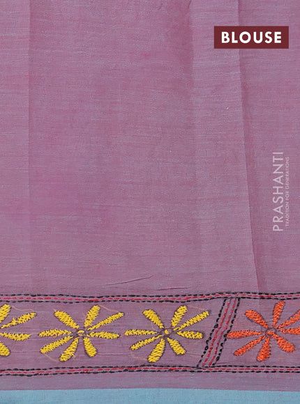 Cotton saree pink and teal green with kantha stitch work and kantha stitch work pallu