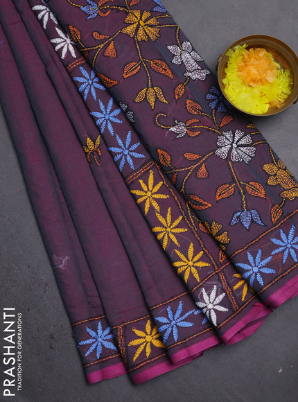 Cotton saree dual shade of teal blue and pink with kantha stitch work and kantha stitch work pallu