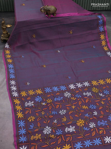 Cotton saree dual shade of teal blue and pink with kantha stitch work and kantha stitch work pallu