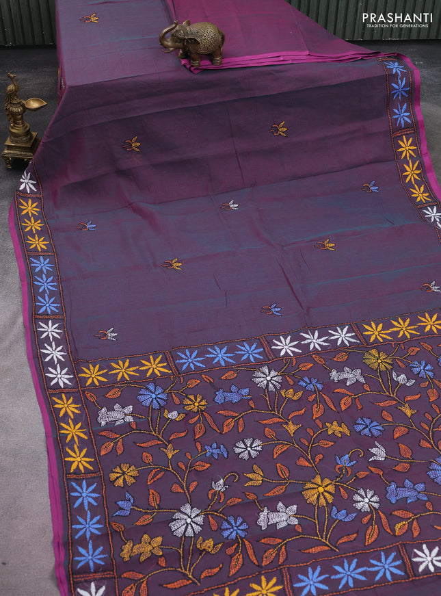 Cotton saree dual shade of teal blue and pink with kantha stitch work and kantha stitch work pallu