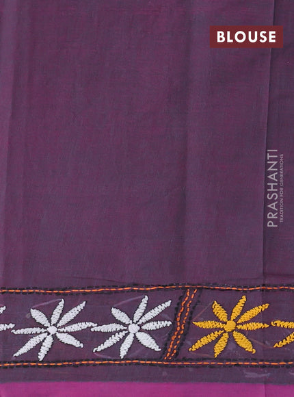 Cotton saree dual shade of teal blue and pink with kantha stitch work and kantha stitch work pallu