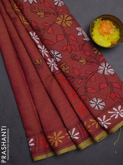 Cotton saree dual shade of pink and sap green with kantha stitch work and kantha stitch work pallu
