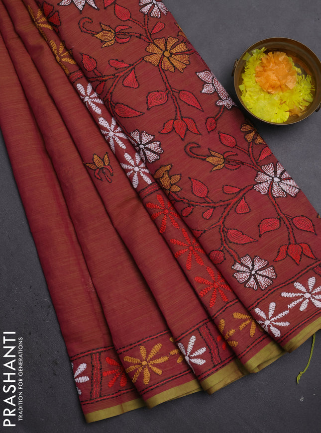 Cotton saree dual shade of pink and sap green with kantha stitch work and kantha stitch work pallu