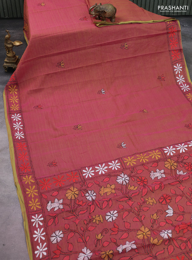 Cotton saree dual shade of pink and sap green with kantha stitch work and kantha stitch work pallu
