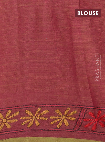 Cotton saree dual shade of pink and sap green with kantha stitch work and kantha stitch work pallu