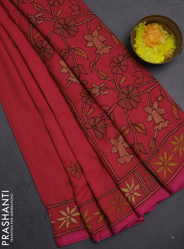 Cotton saree red and pink with kantha stitch work and kantha stitch work pallu