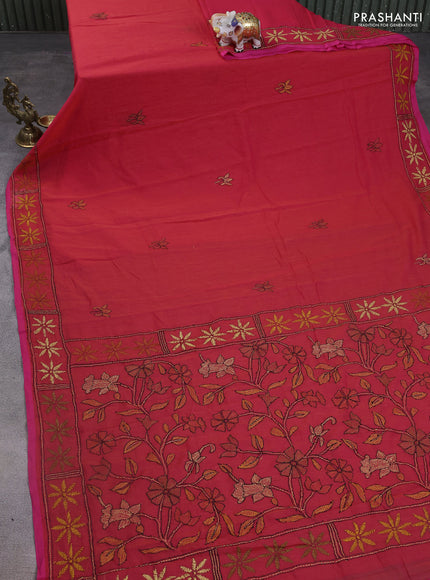 Cotton saree red and pink with kantha stitch work and kantha stitch work pallu