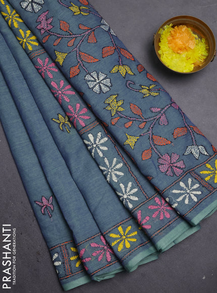 Cotton saree blue and pastel green with kantha stitch work and kantha stitch work pallu