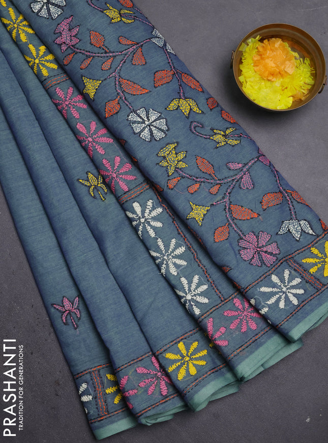 Cotton saree blue and pastel green with kantha stitch work and kantha stitch work pallu