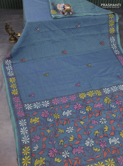 Cotton saree blue and pastel green with kantha stitch work and kantha stitch work pallu