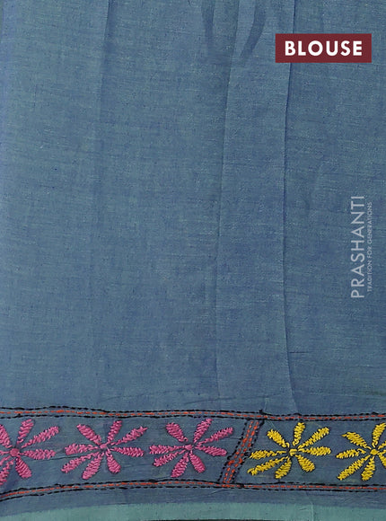 Cotton saree blue and pastel green with kantha stitch work and kantha stitch work pallu