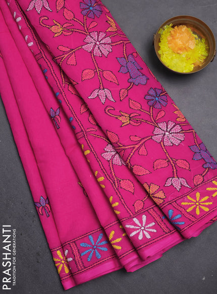 Cotton saree pink with kantha stitch work and kantha stitch work pallu
