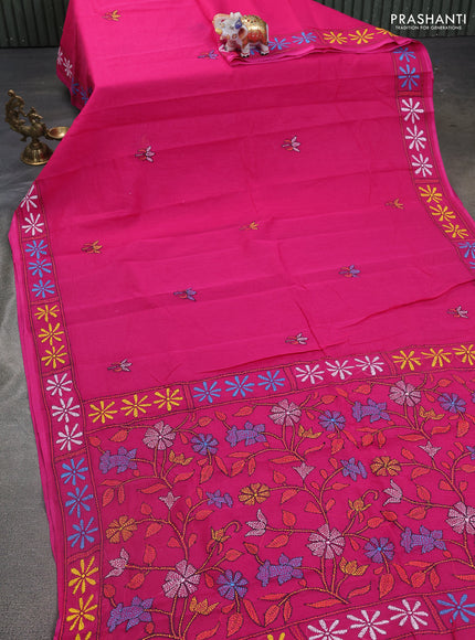 Cotton saree pink with kantha stitch work and kantha stitch work pallu