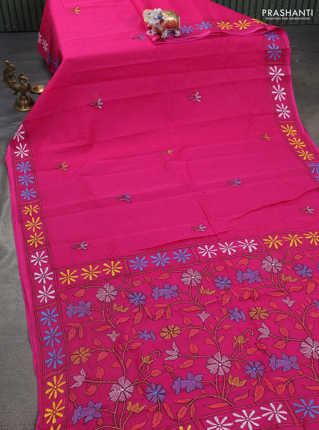 Cotton saree pink with kantha stitch work and kantha stitch work pallu