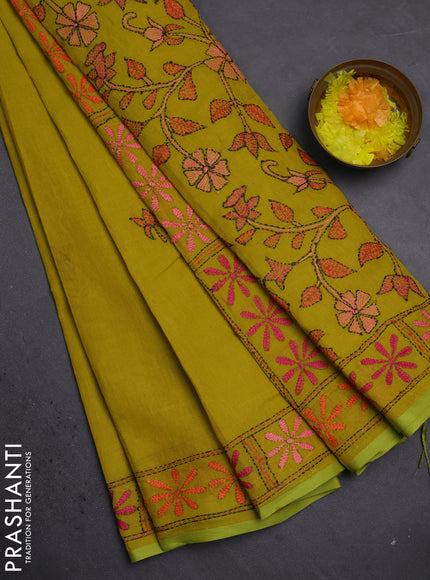 Cotton saree light green with kantha stitch work and kantha stitch work pallu