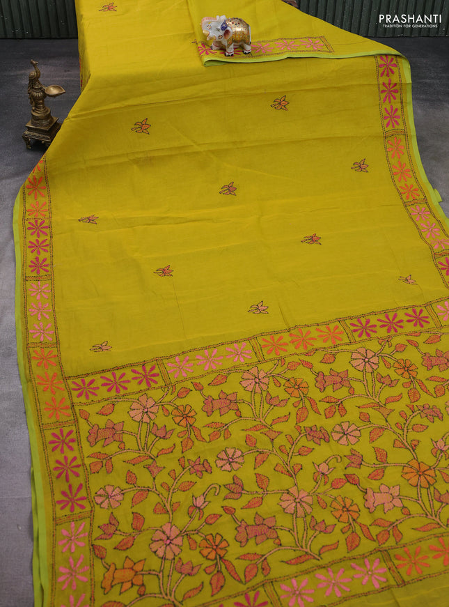 Cotton saree light green with kantha stitch work and kantha stitch work pallu
