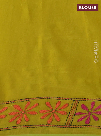 Cotton saree light green with kantha stitch work and kantha stitch work pallu