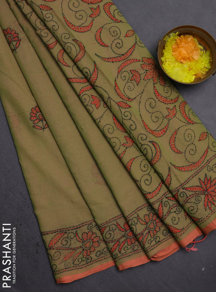 Cotton saree sap green and pastel orange with kantha stitch work and kantha stitch work pallu