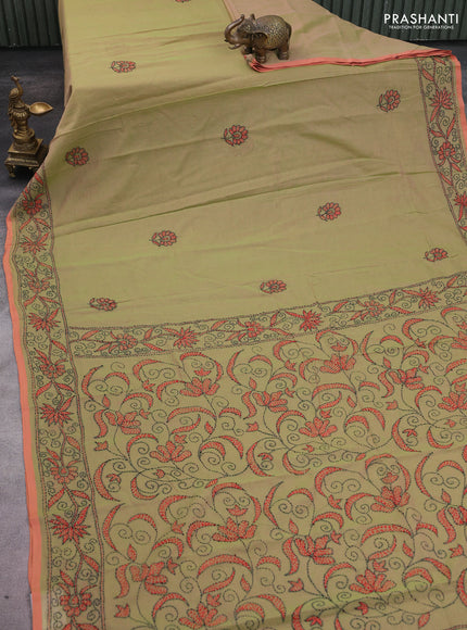 Cotton saree sap green and pastel orange with kantha stitch work and kantha stitch work pallu