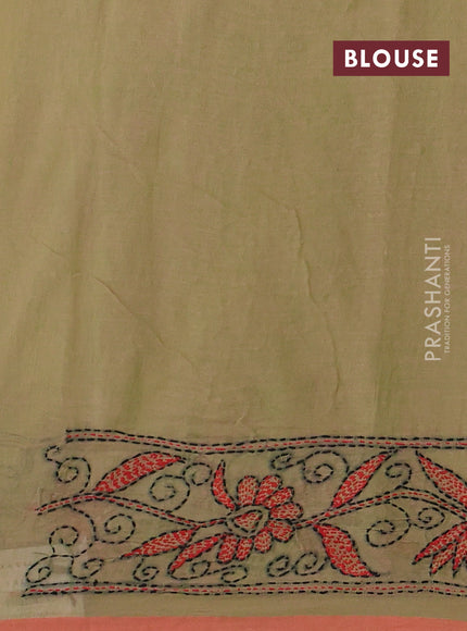 Cotton saree sap green and pastel orange with kantha stitch work and kantha stitch work pallu