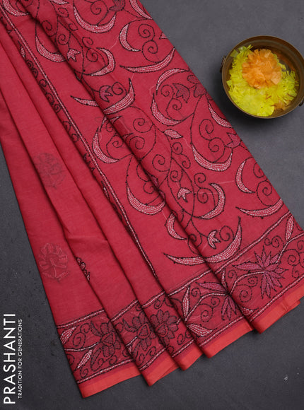 Cotton saree mauve pink with kantha stitch work and kantha stitch work pallu