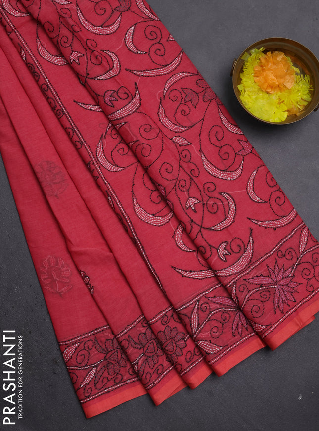 Cotton saree mauve pink with kantha stitch work and kantha stitch work pallu
