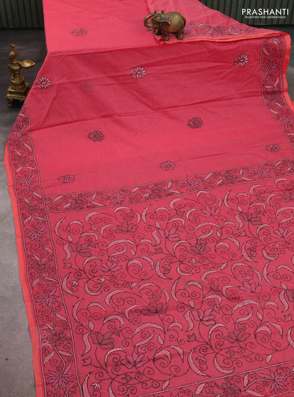 Cotton saree mauve pink with kantha stitch work and kantha stitch work pallu