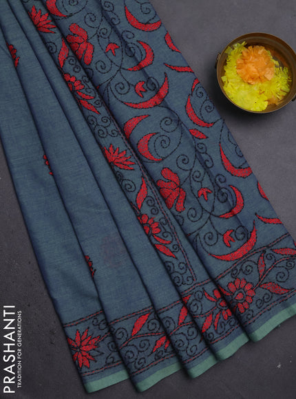 Cotton saree dual shade of blue and pastel green with kantha stitch work and kantha stitch work pallu