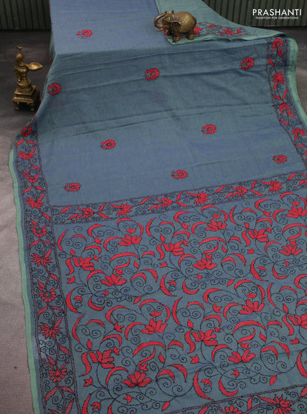 Cotton saree dual shade of blue and pastel green with kantha stitch work and kantha stitch work pallu