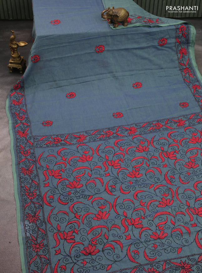 Cotton saree dual shade of blue and pastel green with kantha stitch work and kantha stitch work pallu