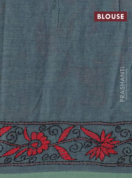 Cotton saree dual shade of blue and pastel green with kantha stitch work and kantha stitch work pallu
