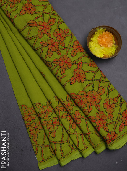 Cotton saree light green with kantha stitch work and kantha stitch work pallu