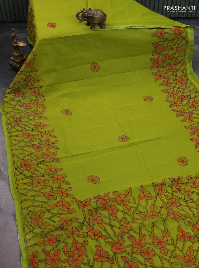 Cotton saree light green with kantha stitch work and kantha stitch work pallu