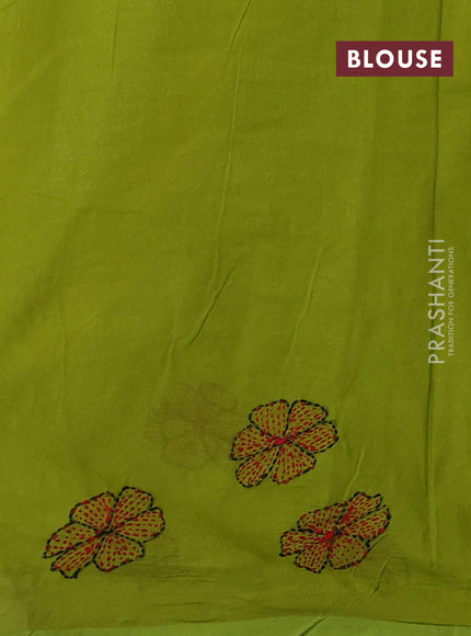 Cotton saree light green with kantha stitch work and kantha stitch work pallu