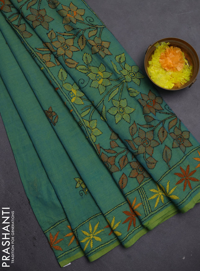 Cotton saree dual shade of bluish green with kantha stitch work and kantha stitch work pallu