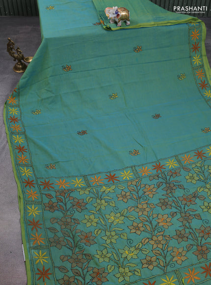 Cotton saree dual shade of bluish green with kantha stitch work and kantha stitch work pallu