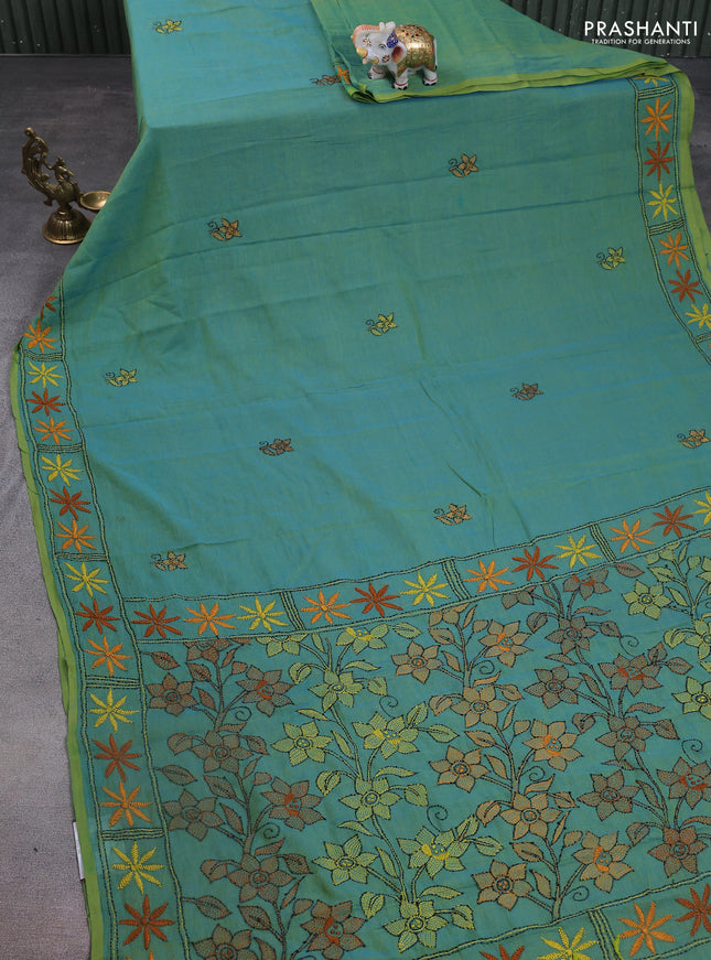 Cotton saree dual shade of bluish green with kantha stitch work and kantha stitch work pallu