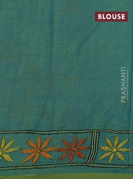 Cotton saree dual shade of bluish green with kantha stitch work and kantha stitch work pallu