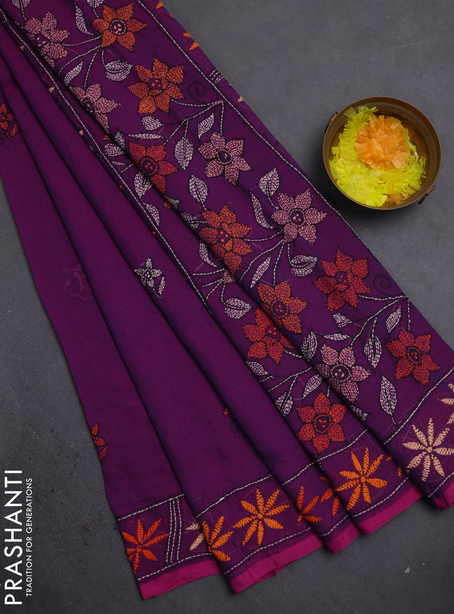 Cotton saree purple with kantha stitch work and kantha stitch work pallu