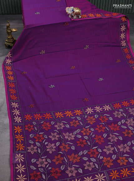 Cotton saree purple with kantha stitch work and kantha stitch work pallu