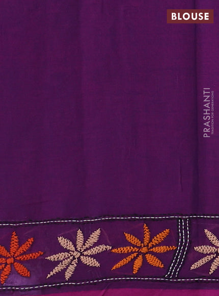 Cotton saree purple with kantha stitch work and kantha stitch work pallu