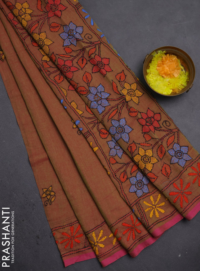 Cotton saree dark mustard with kantha stitch work and kantha stitch work pallu