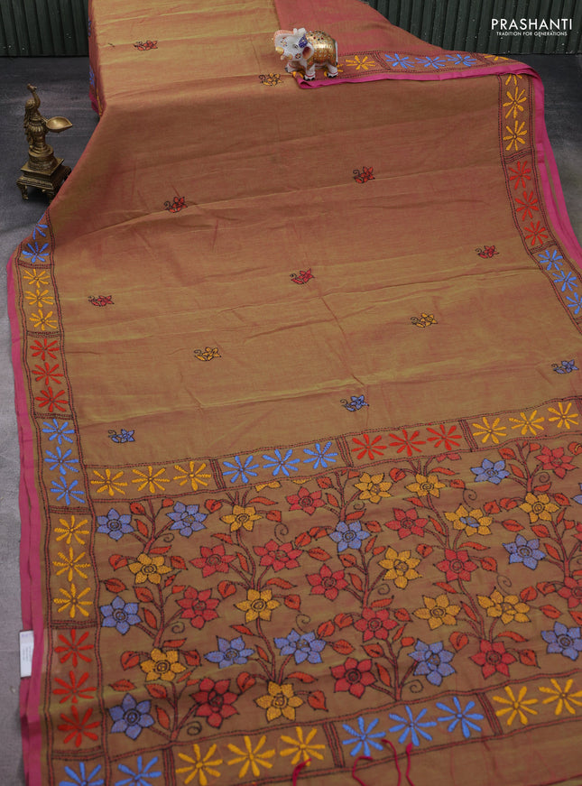 Cotton saree dark mustard with kantha stitch work and kantha stitch work pallu