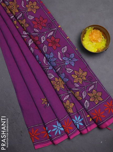 Cotton saree purple with kantha stitch work and kantha stitch work pallu