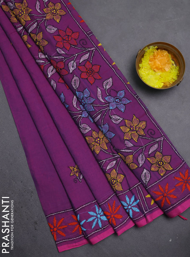Cotton saree purple with kantha stitch work and kantha stitch work pallu
