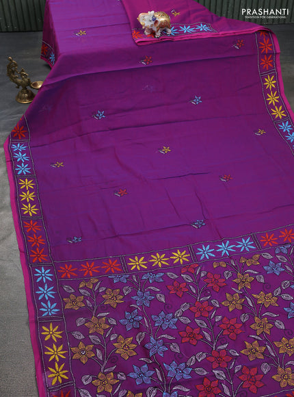 Cotton saree purple with kantha stitch work and kantha stitch work pallu