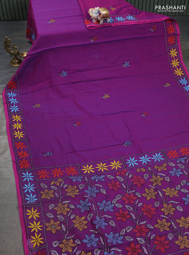 Cotton saree purple with kantha stitch work and kantha stitch work pallu