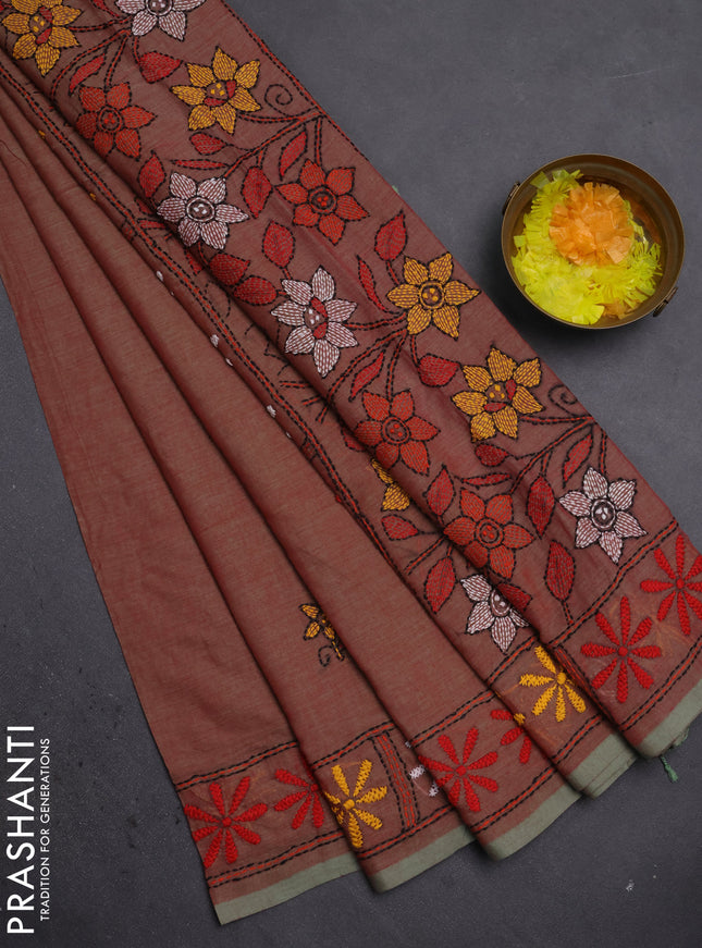 Cotton saree dual shade of red with kantha stitch work and kantha stitch work pallu