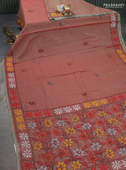 Cotton saree dual shade of red with kantha stitch work and kantha stitch work pallu